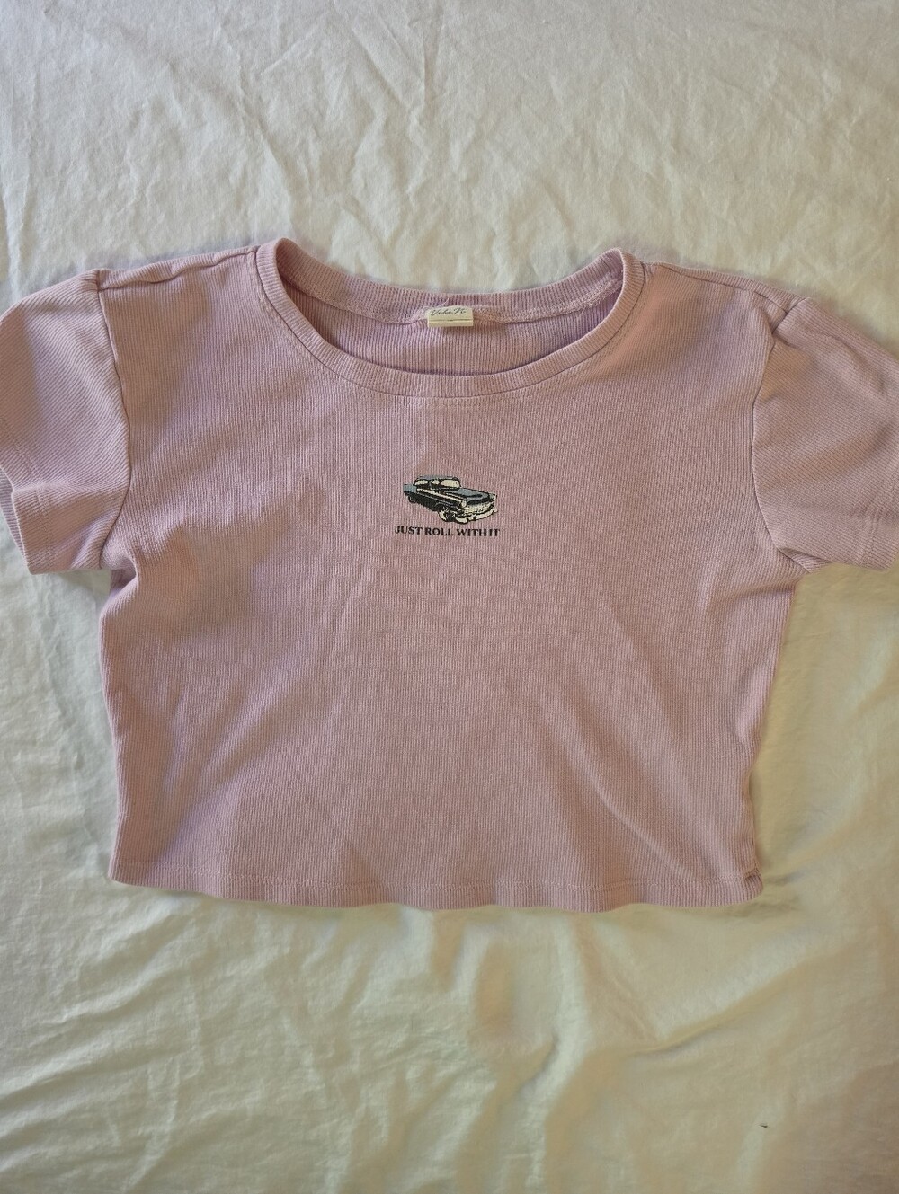 Vibe N’ Pink Ribbed Graphic Crop Tee Just Roll With It Vintage Car Medium M